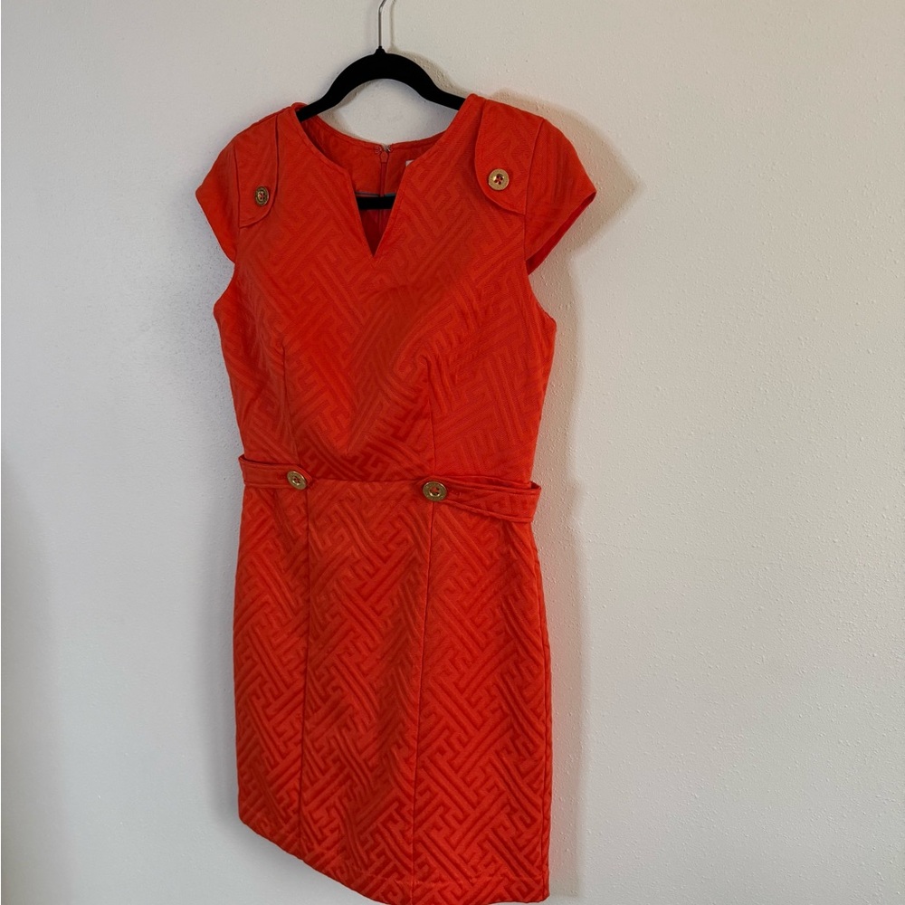 Liz Claiborne Orange Red Textured Sheath Dress Gold Button Size 6 - Picture 4 of 7